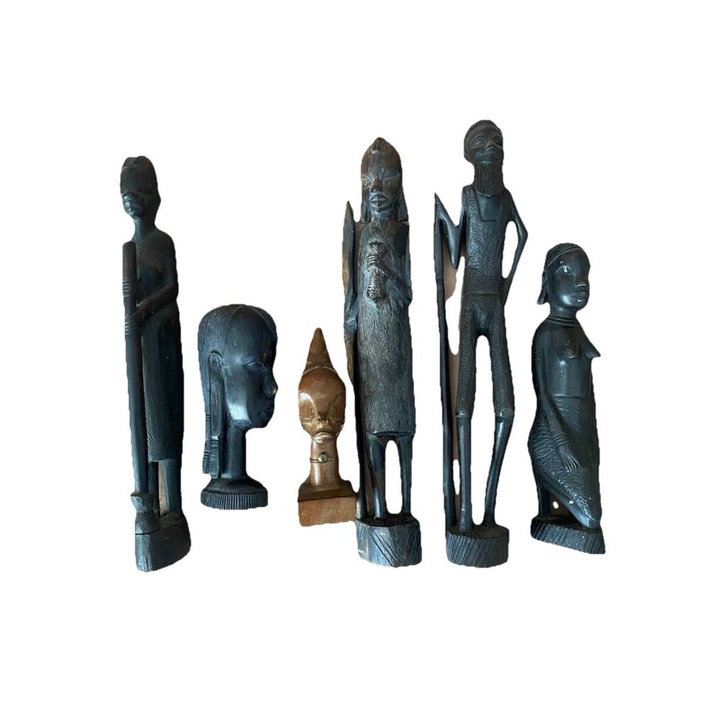 Vintage Lot of 6 HAND CARVED Wooden African Art~ Folk Art~ Tribal Figurines